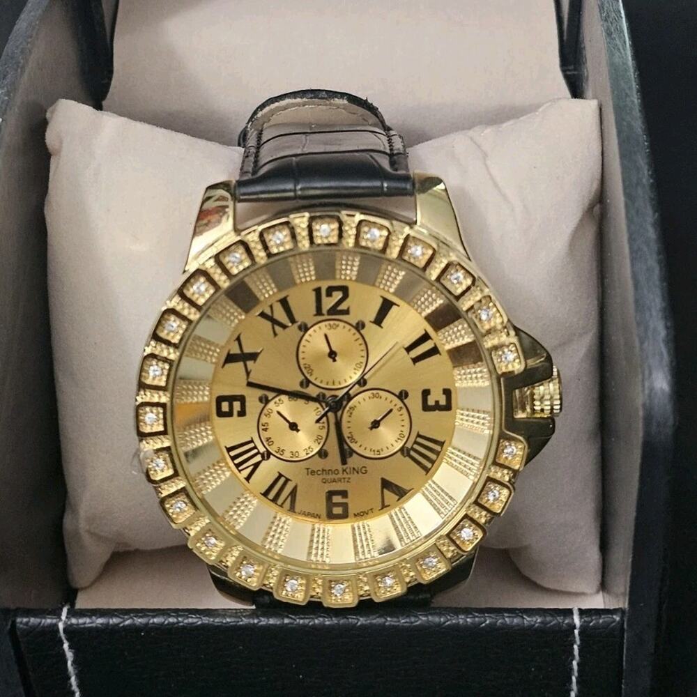 57mm Men's Chronograph Quartz Gold Tone LARGE Watch w/Black Leatherette Band